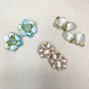 Vintage Clip-On Earrings Lot – Pastel Beaded Floral & Silver Tone Shell Style